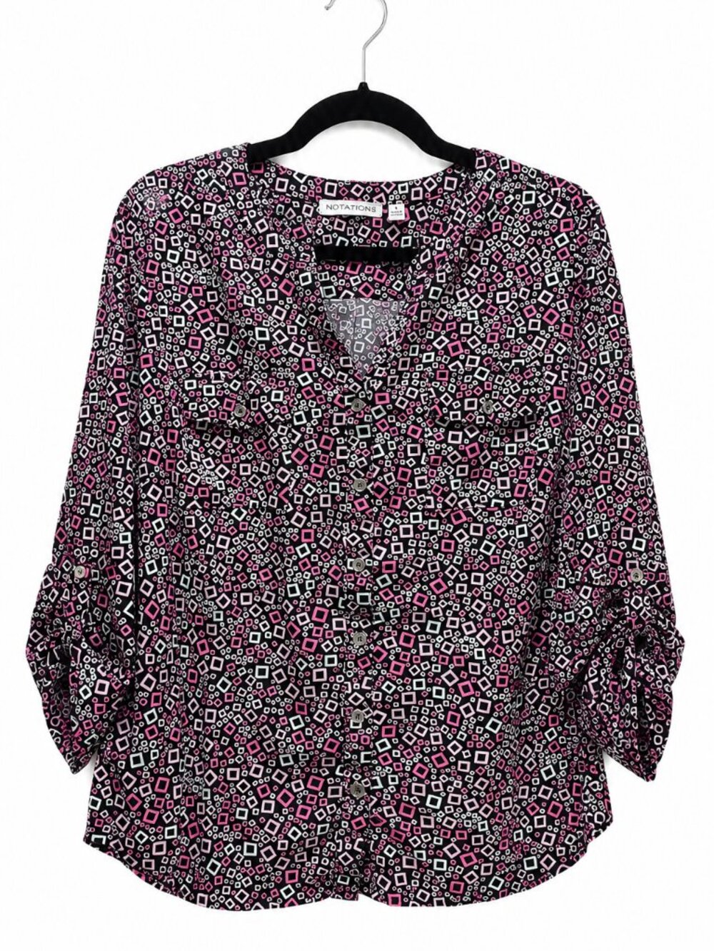 Notations Women’s Blouse Size L Black Pink Geometric Print 3/4 Sleeve Button Up